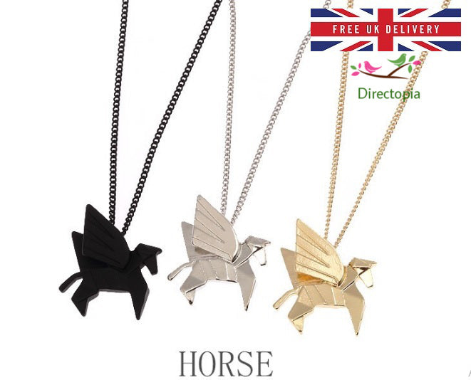 Origami Pegasus Flying Horse Necklace Kitsch Gold Silver Black Kawaii Unique