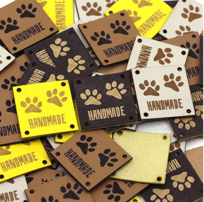 Faux Leather Labels Hand Made Paw Print Clothing Tag Label Tags 25x25mm
