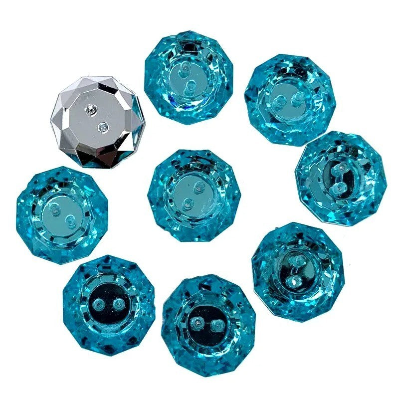 10 x Crystal Rhinestone Acrylic Faceted Buttons - 2 Hole - 1.8cm - Light Blue