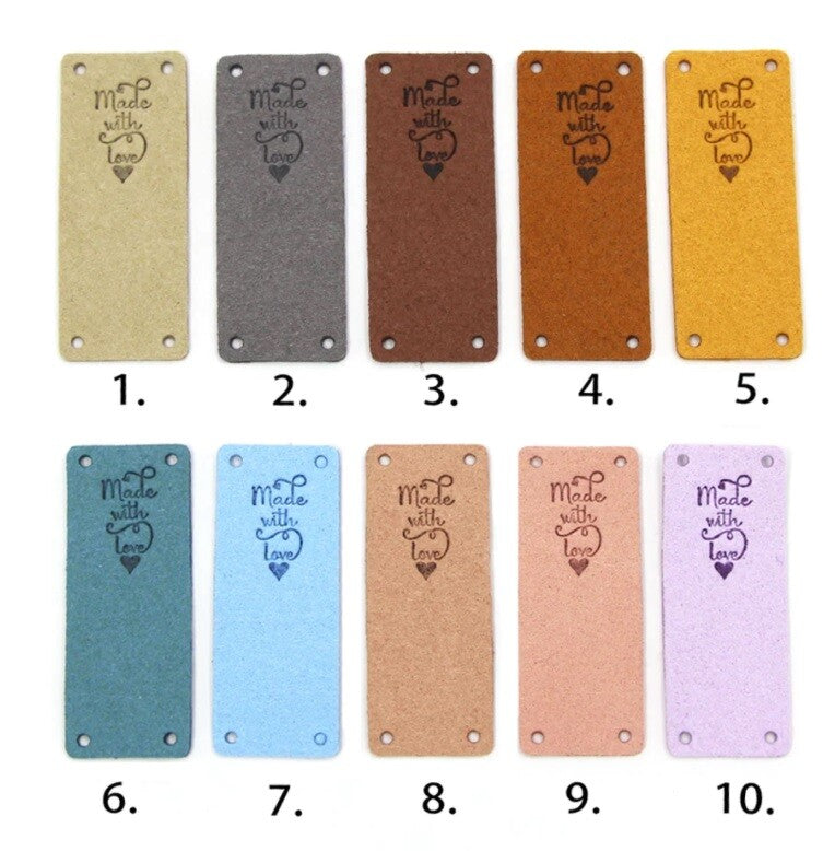 Faux Suede Leather Labels MADE WITH LOVE Clothing Tag Label Tags 2x5cm (D2) - Design 9