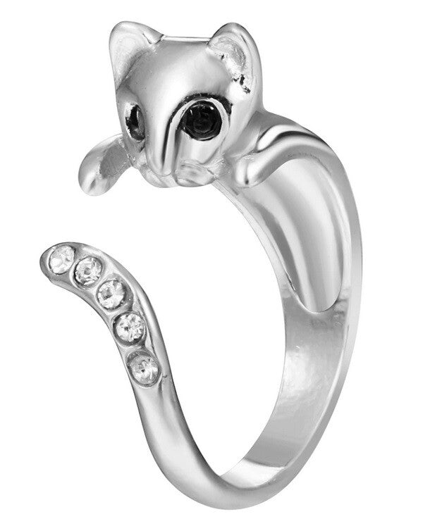 Cat Feline Crystal Wrap Ring Open Adjustable Curve Wrap Ring & Gift Bag - Silver