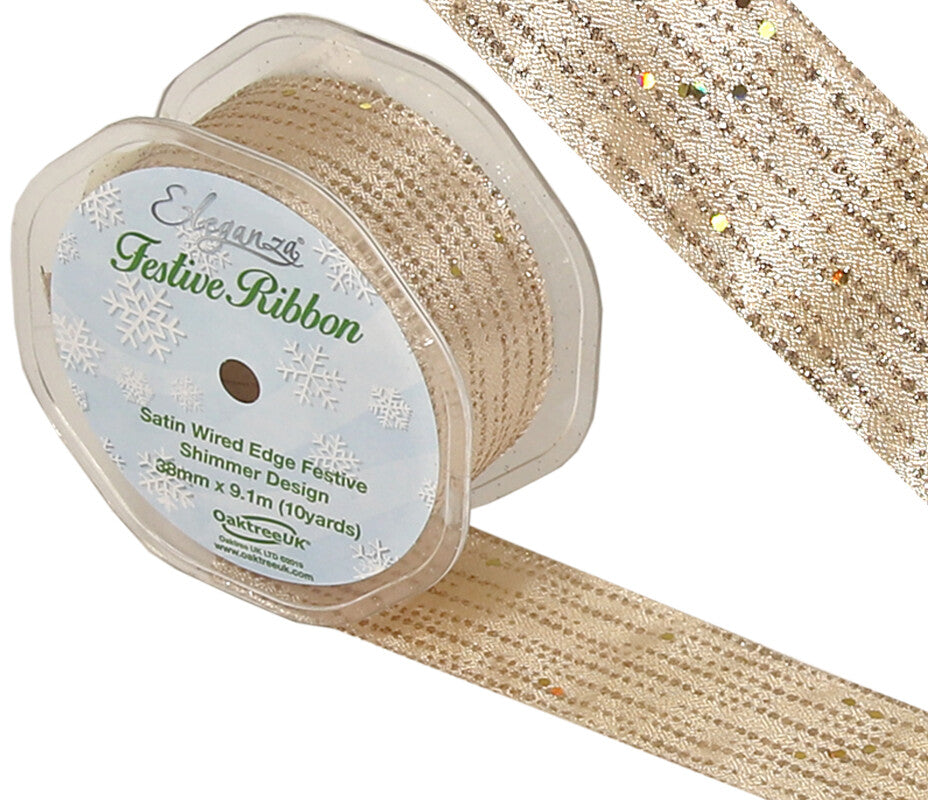 Eleganza Festive Christmas Ribbon Roll Craft Wreath Bows Gifts Tree Decoration - Festive Shimmer Champagne Gold