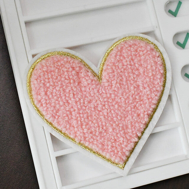 3D Large Chenille Towel Heart Patch Iron on Sew on Customise Clothing Craft 7cm - Light Pink