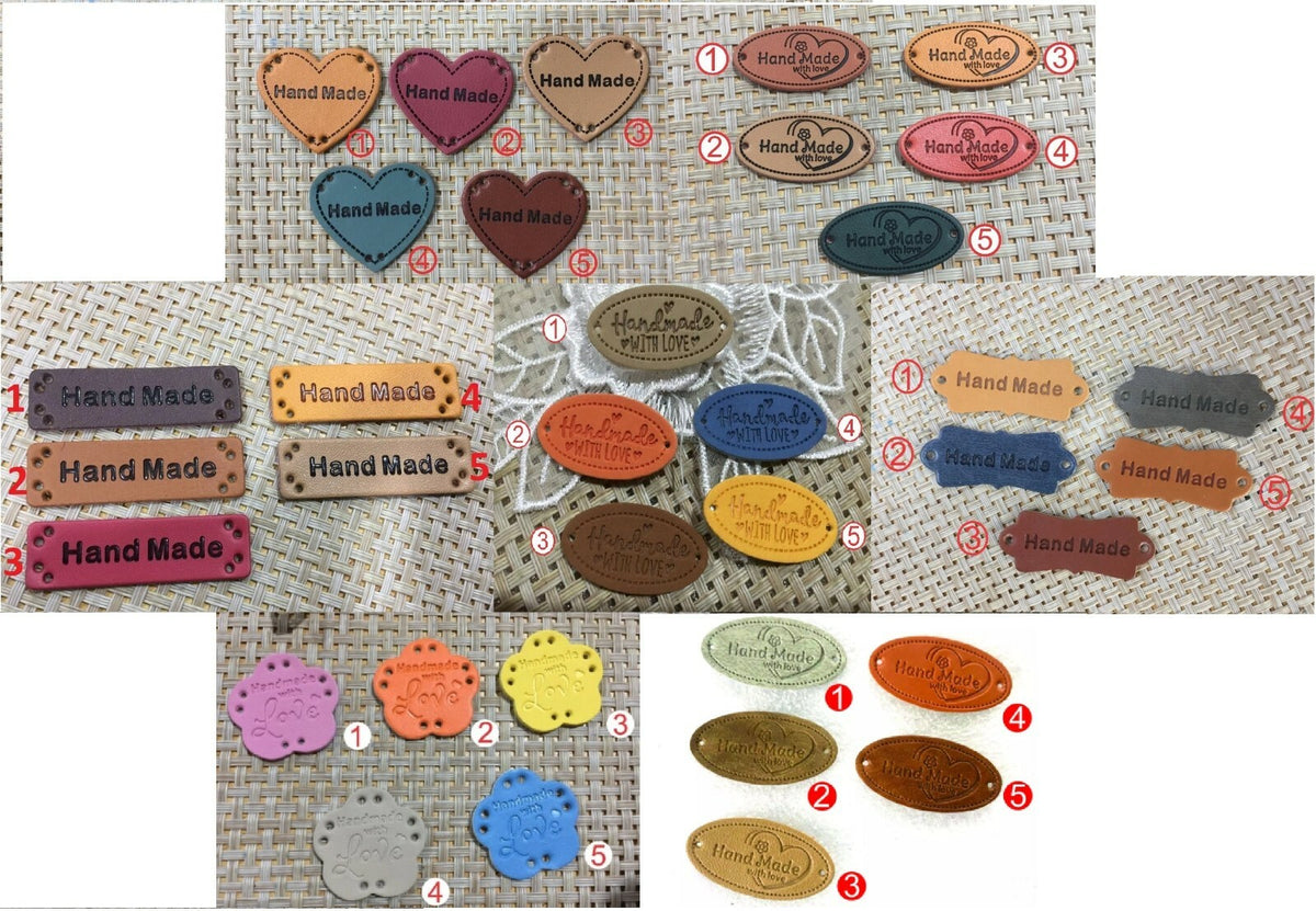 Faux Leather Labels Hand Made With Love Sew On Clothing Tags Heart Oval Flower Regency