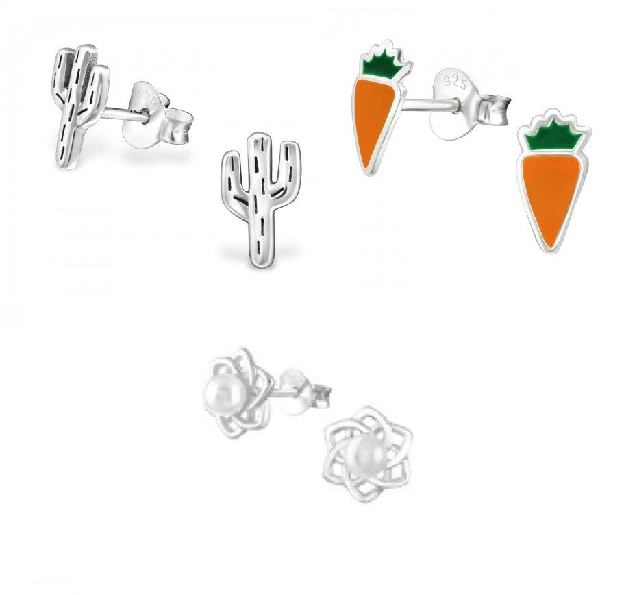 925 Sterling Silver Earrings Plants Flowers Cactus Nature & Gift Box