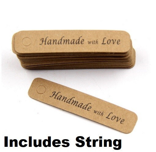 Craft Paper Long Tags Handmade with Love & String Gift Food Jewellery 7x1cm