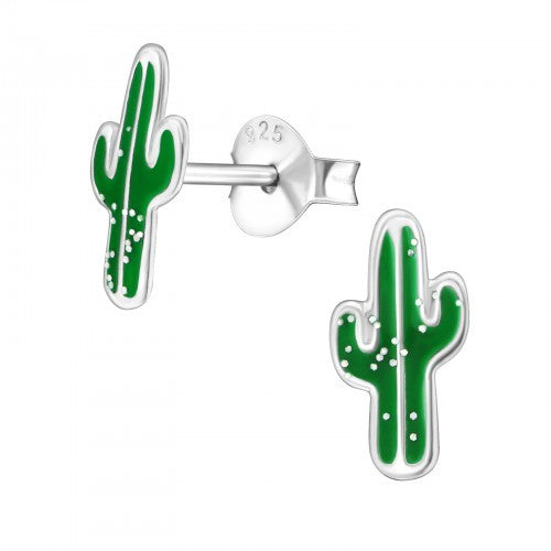 925 Sterling Silver Cactus Bali Stud Earrings & Gift Box - Green Glitter Cactus