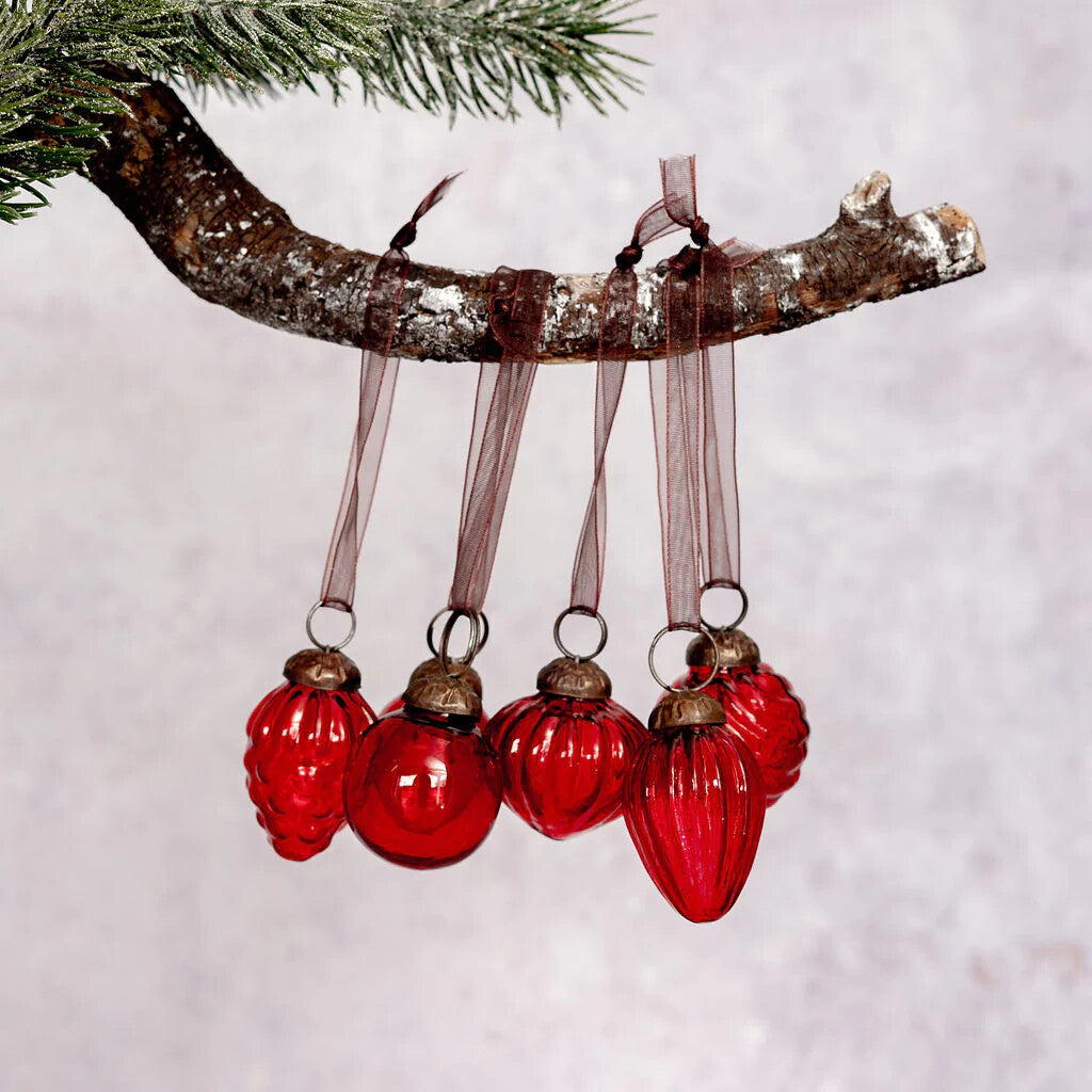 6 Pack Small Glass Handcrafted Baubles Premium Traditional Christmas Tree Craft - Set of 6 Small Mixed Red Lustre Baubles