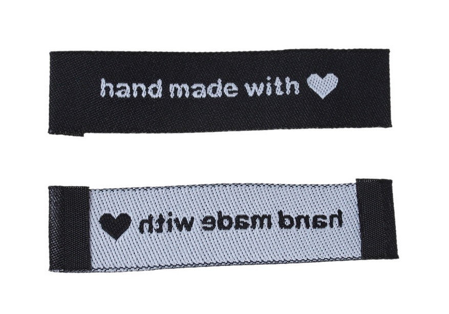Black Fabric Labels Hand Made With Love Sew On Garment Clothing Tags 60x15mm