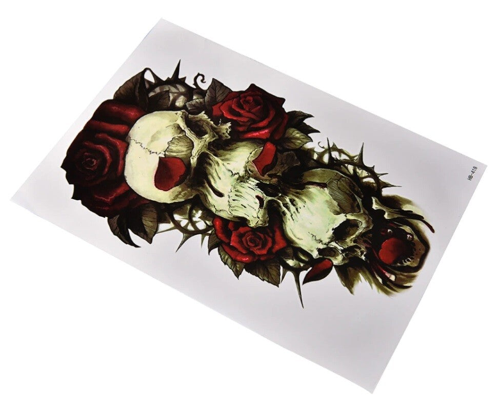 Large Waterproof 3D Traditional Skull & Roses Temporary Tattoo Sticker Art #2