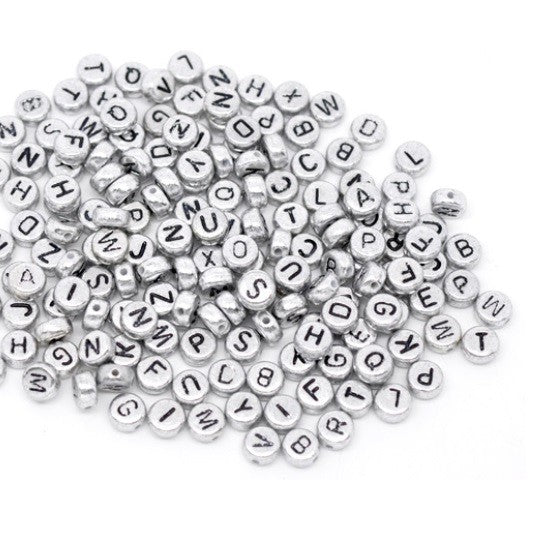 100 x Round Alphabet Beads Letter Spacer Spacers Gold & Silver 7mm - Silver