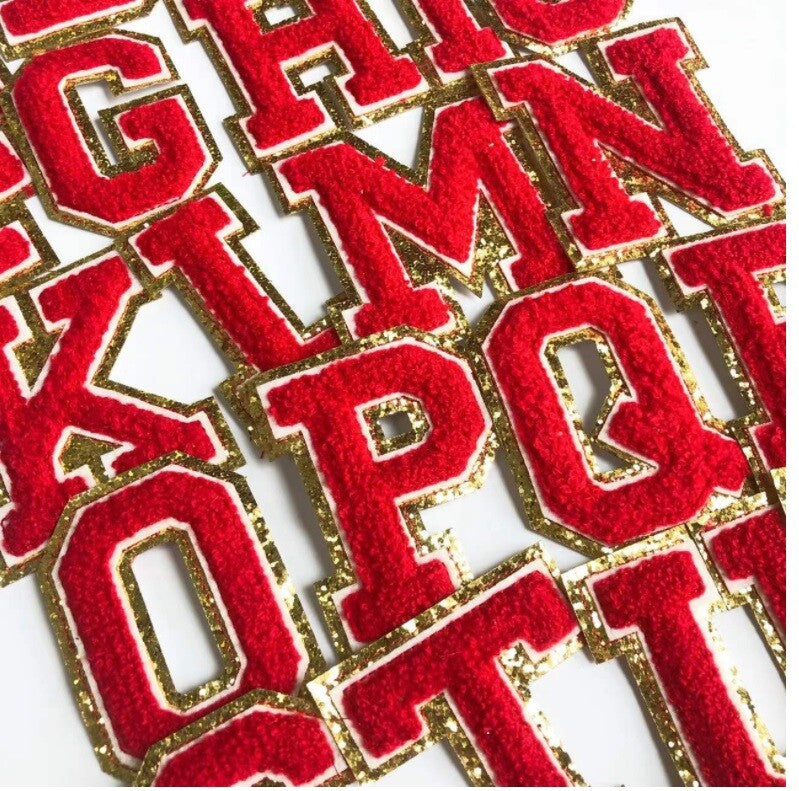 8cm Large 3D Red & Gold Chenille Patch Letter Patches Iron Sew on Alphabet