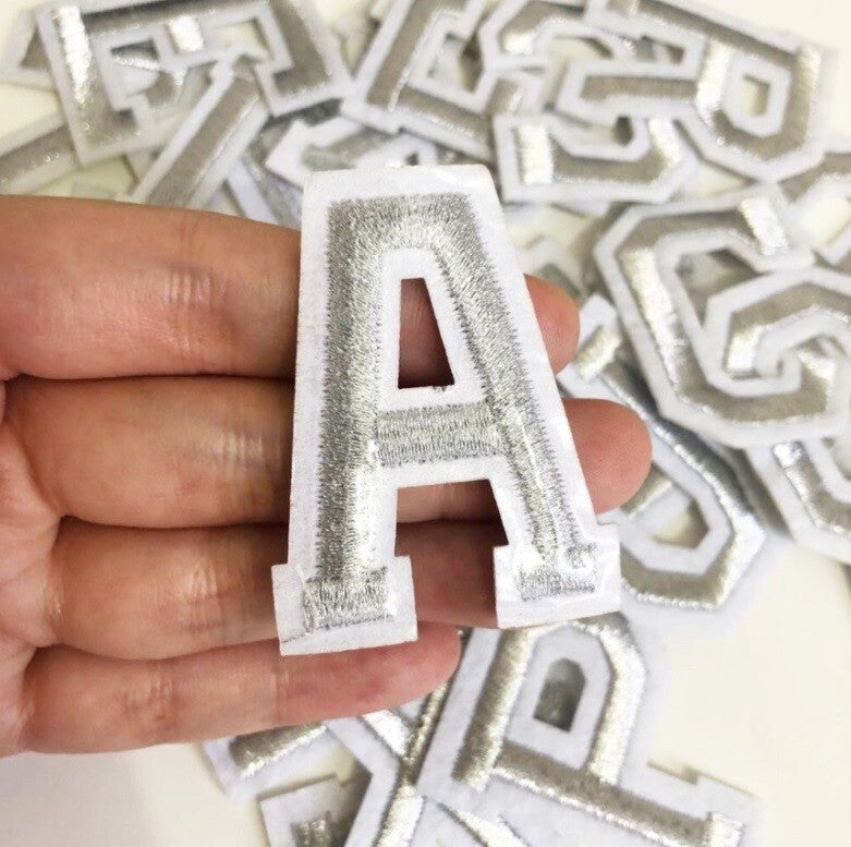 Silver Grey Varsity Letter Patch Iron or Sew on Alphabet Embroidery Customise