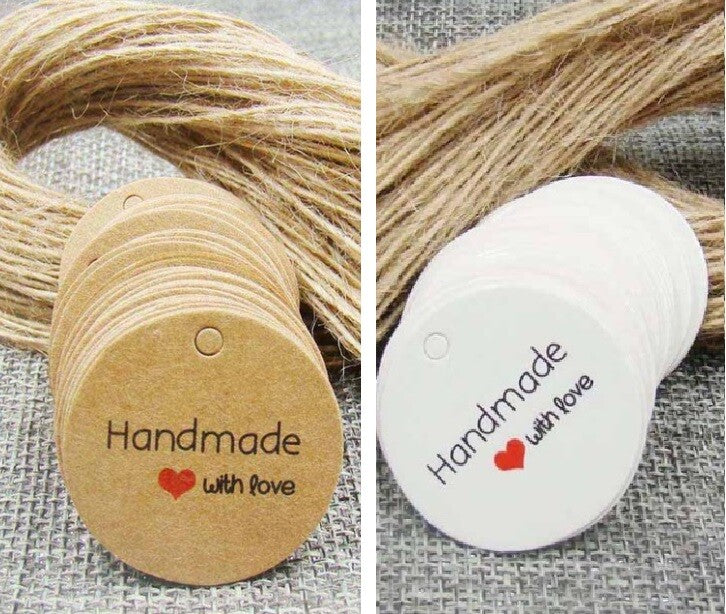 100 x Round Paper Tags Hand Made with Love Craft Gift Food Tag With String