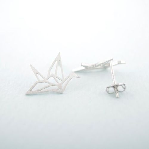 Origami Crane Stud Earrings Jewellery Bird Nature Kawaii & Gift Box - Silver