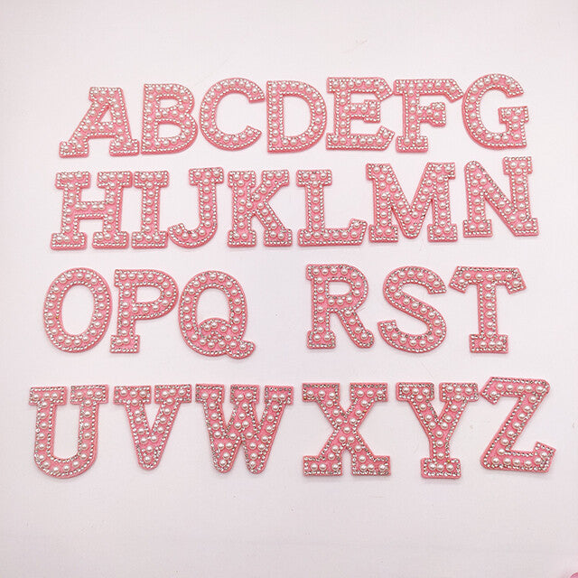Alphabet Pink & Pearl Rhinestone Crystal Letter Patch Patches Glue / Sew on 5cm