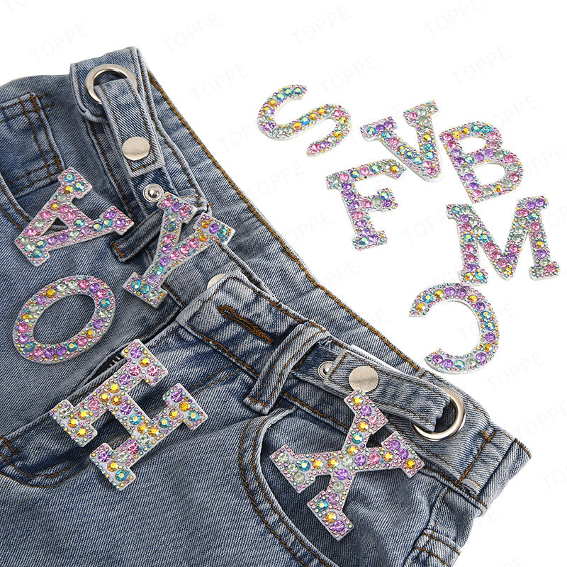 Multicoloured Crystal Rhinestone Letter Patch Patches Iron on Sew on Alphabet