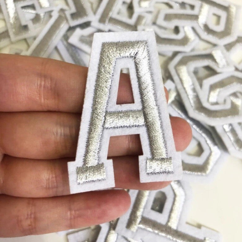 Silver Grey Varsity Letter Patch Iron or Sew on Alphabet Embroidery Customise