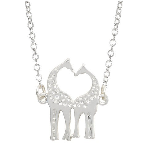 Love Heart Double Giraffe Design Necklace Minimalist Unique & Gift Bag - Silver