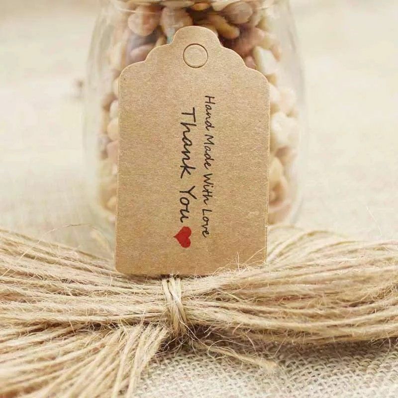 100 x Hand Made With Love Thank You Tag Labels Stickers Craft Tags With String