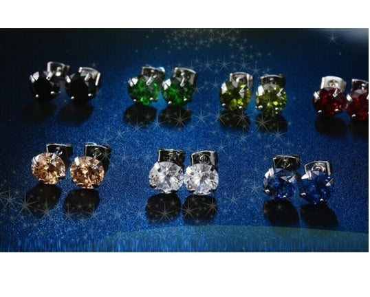 CZ Cubic Zirconia Crystal Cute 8mm Stud Earrings Prom Party 7 Colours & Gift Bag