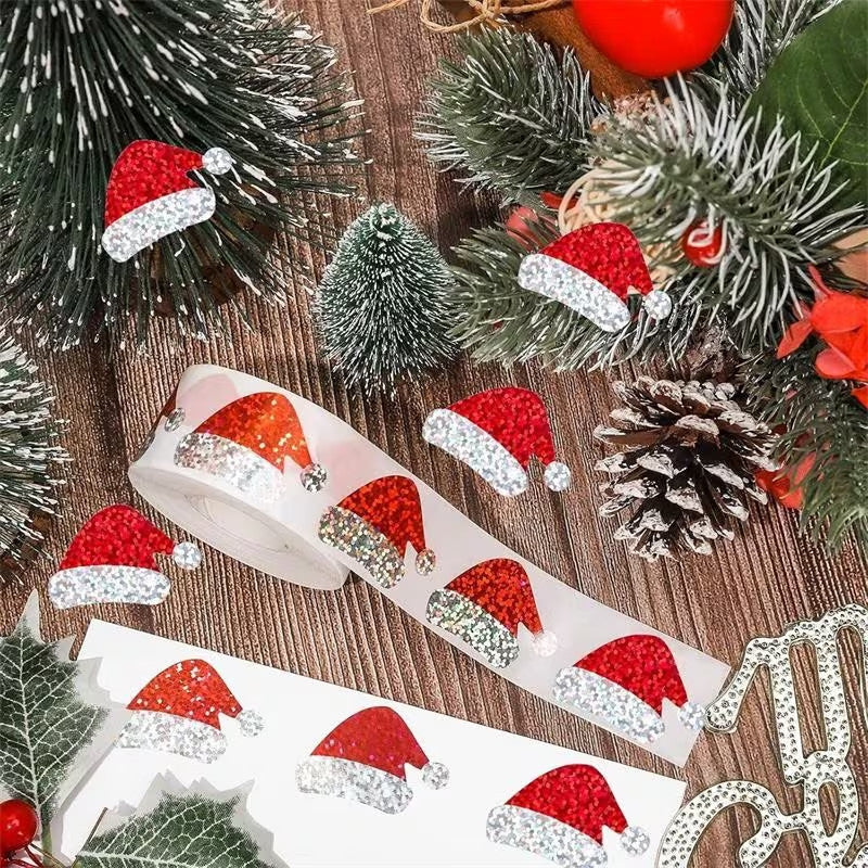 Christmas Stickers Santa Hat Diamond Sparkle Peel & Stick Labels Gift Sticker