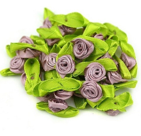 Mini Satin Ribbon Rose Buds Flowers Green Leaf Leaves Craft Wedding Confetti - Plum