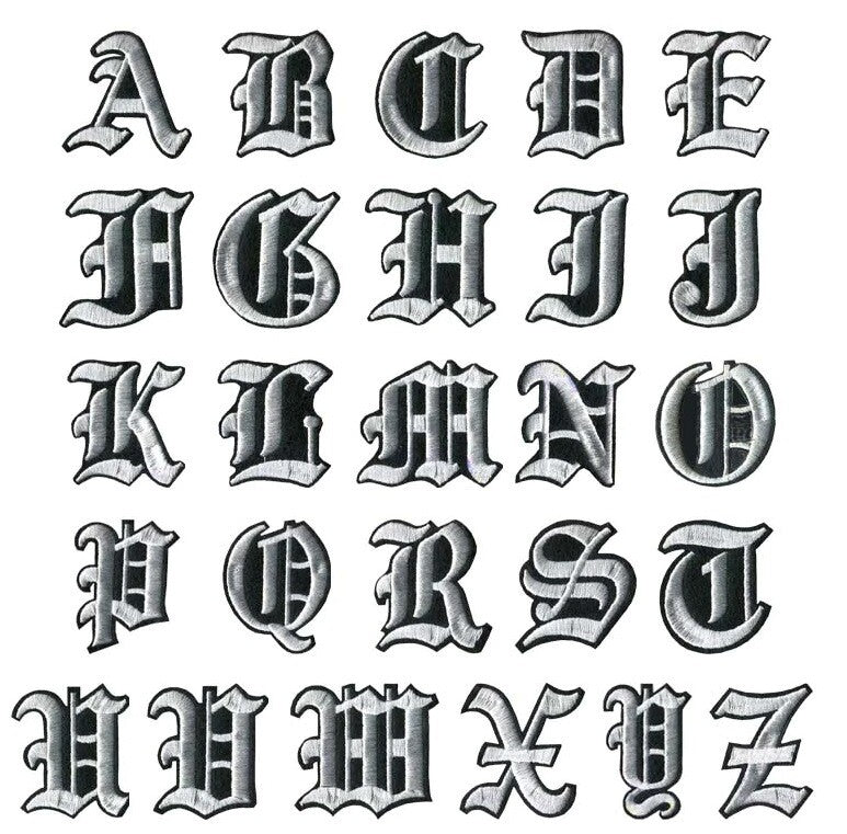 White & Black Outline Old English Medieval Letter Patch Patches Iron on Alphabet