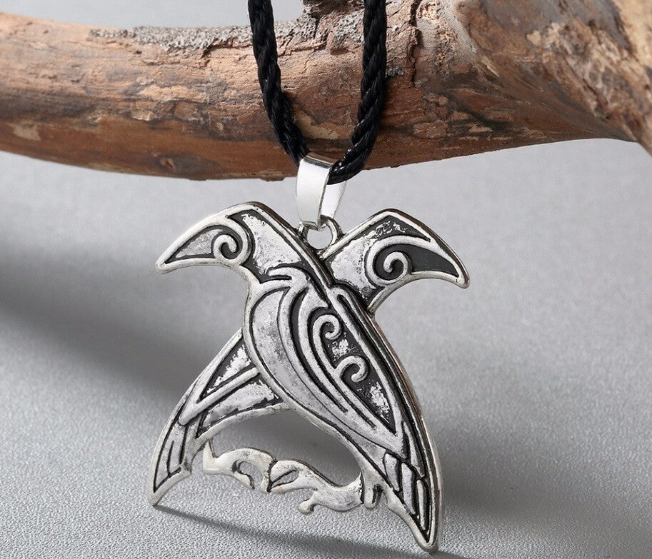 Antique Silver Hugin Munin Odin's Raven Viking Norse Necklace & Gift Bag #2