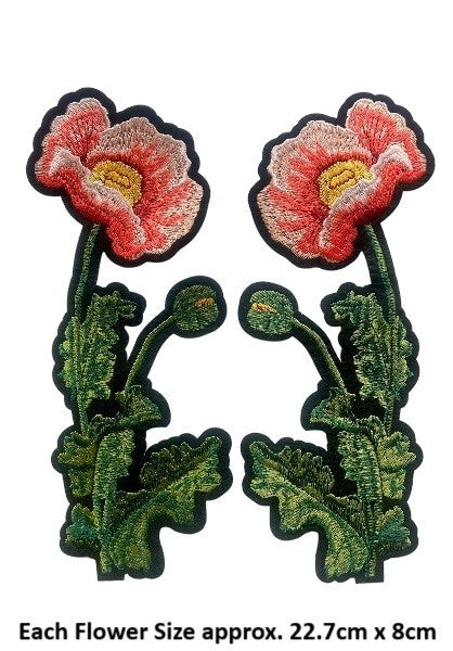 Pair of Peach Poppy Flower Patches Salmon Poppies Iron on / Sew on / Glue on