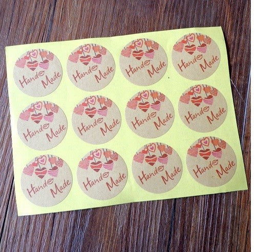 Round Paper Labels Hand Made Heart Gift Food Kraft Paper Craft Sticker 3.5cm