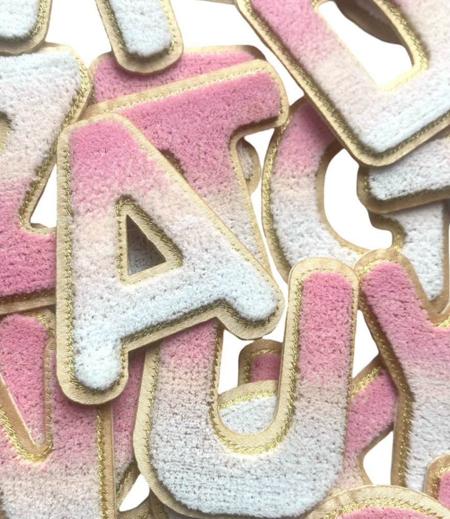 Pink to White Gradient Letter Patch Chenille Ombre Iron on Alphabet Patches 6cm