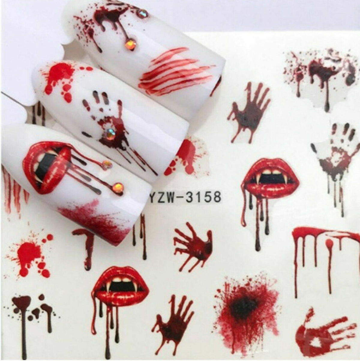Nail Art Water Decals Stickers Transfers Halloween Blood Skull Vampire Pumpkin - 1