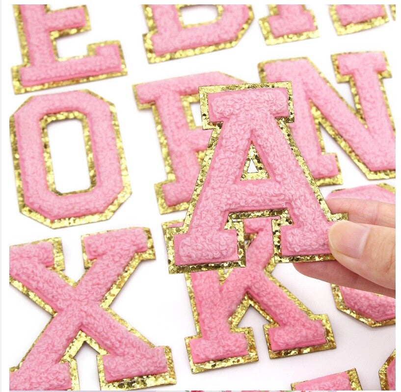 8cm Large Pink Gold Chenille Patch Letter Patches Iron on Sew on Alphabet