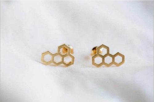 Honeycomb Bee Hive Beehive Stud Earrings Geometric Minimalist Design & Gift Box - Gold