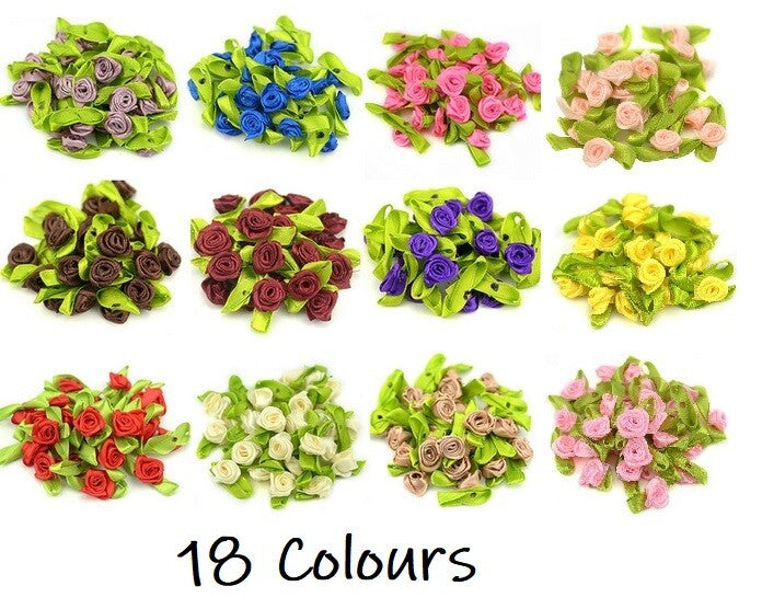 Mini Satin Ribbon Rose Buds Flowers Green Leaf Leaves Craft Wedding Confetti