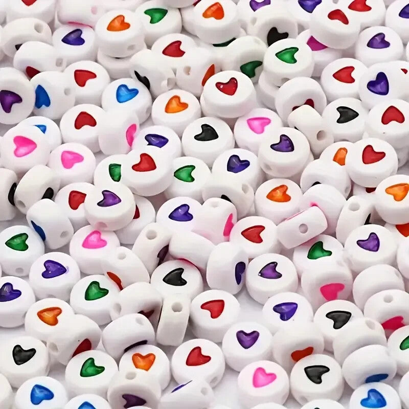 100 White With Coloured Heart Beads, 100 Round Beads With Coloured Heart Beads