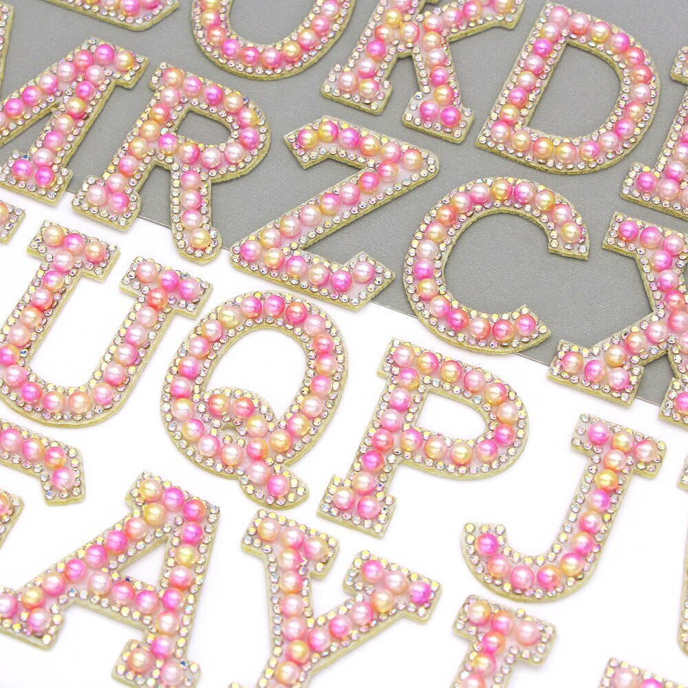 3D Pearl Pink & Peach Rhinestone Letter Patch Patches Iron on Alphabet Crystal