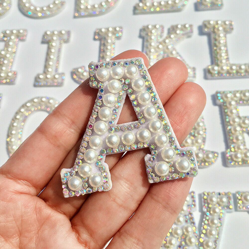 White Pearl AB Silver Rhinestone Letter Patch Patches Iron on Glue/Sew Alphabet