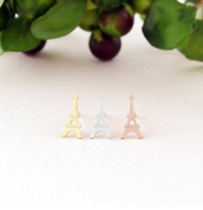 Eiffel Tower Paris Stud Earrings Silver Gold Rose Gold 2x1cm & Gift Box