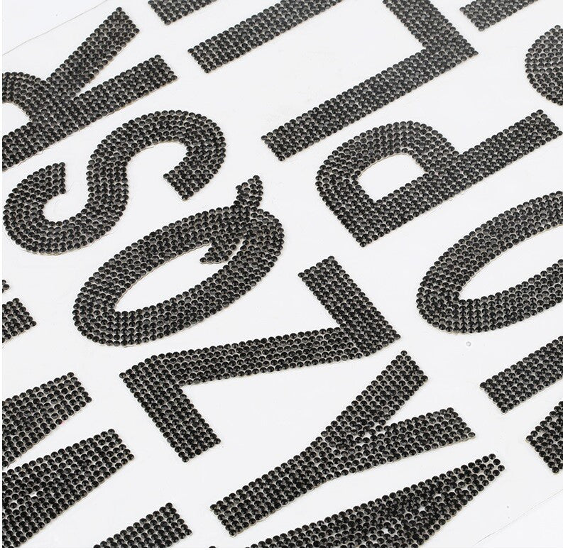 Large Crystal Rhinestone Letter Patch Patches Iron on Alphabet Customise 7.5cm - Black