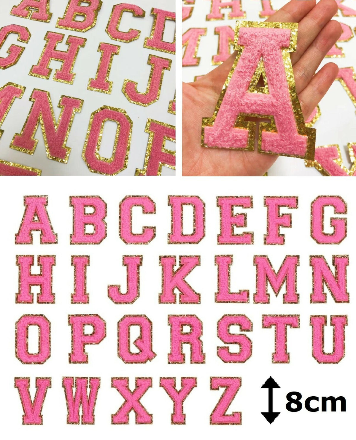 8cm Large Pink Gold Chenille Patch Letter Patches Iron on Sew on Alphabet