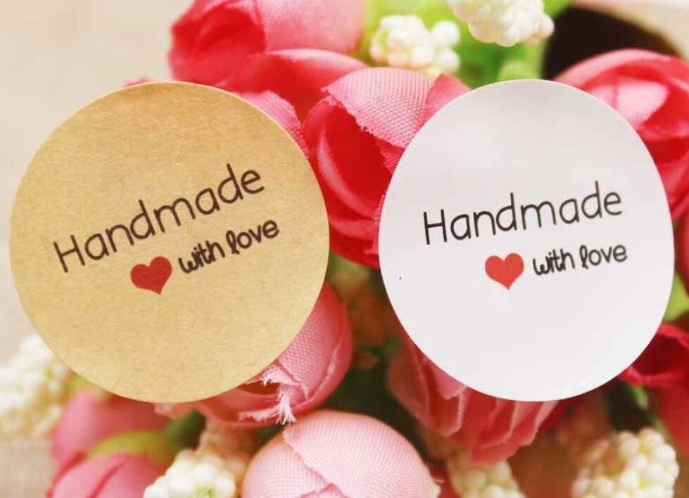 Round Labels 'Handmade with Love' Manilla & White Heart Gift Craft Stickers 3cm