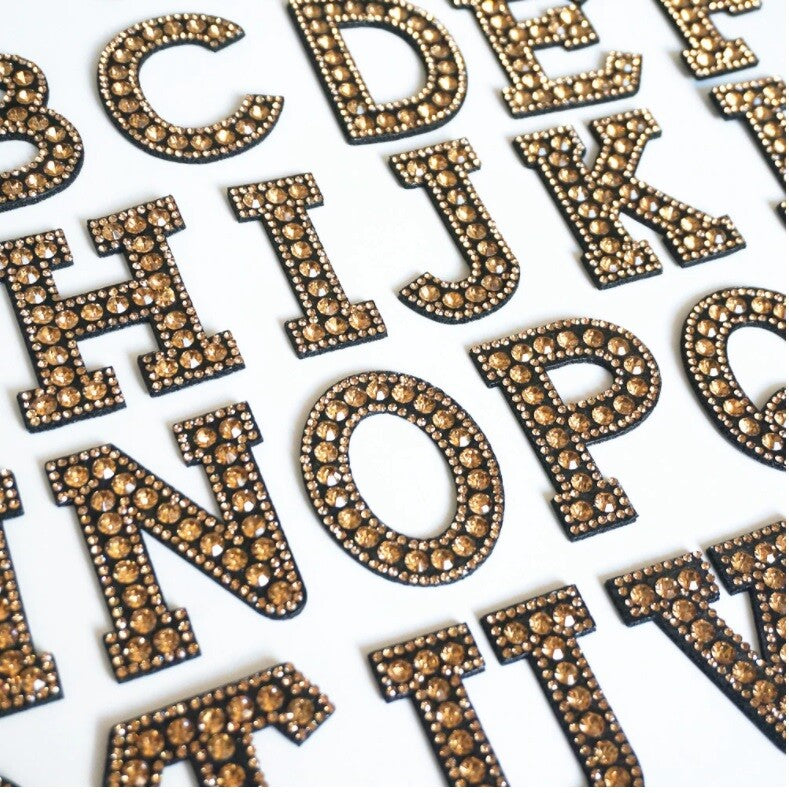 Champagne Gold Rhinestone Letter Patch Patches Glue Iron Sew on Alphabet Crystal