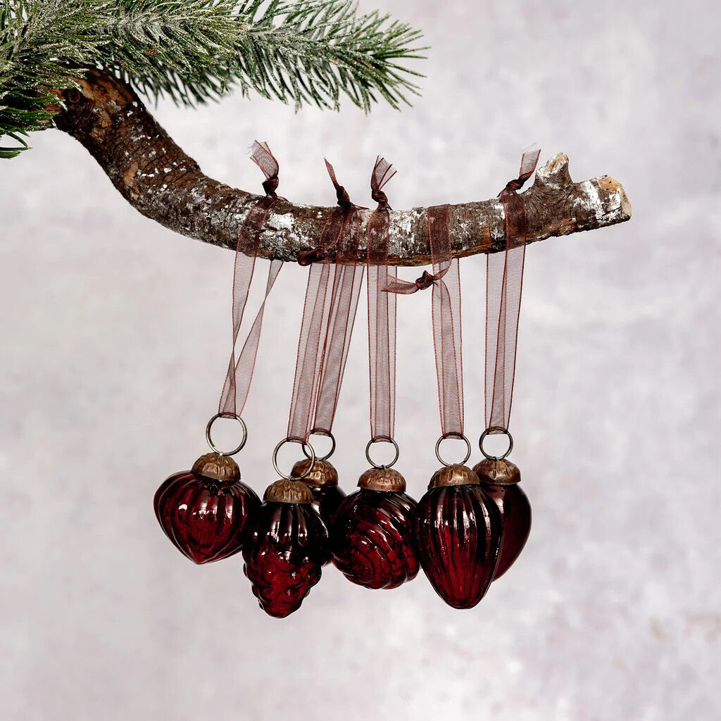 6 Pack Small Glass Handcrafted Baubles Premium Traditional Christmas Tree Craft - Set of 6 Small Mixed Wine Lustre Baubles