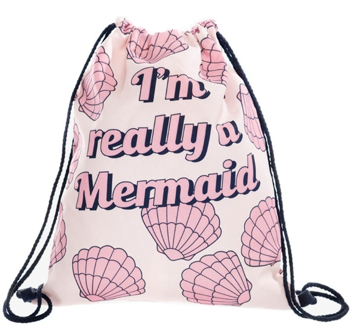 MERMAID Drawstring String Bag 'IM REALLY A MERMAID' Travel PE Gym School Laundry