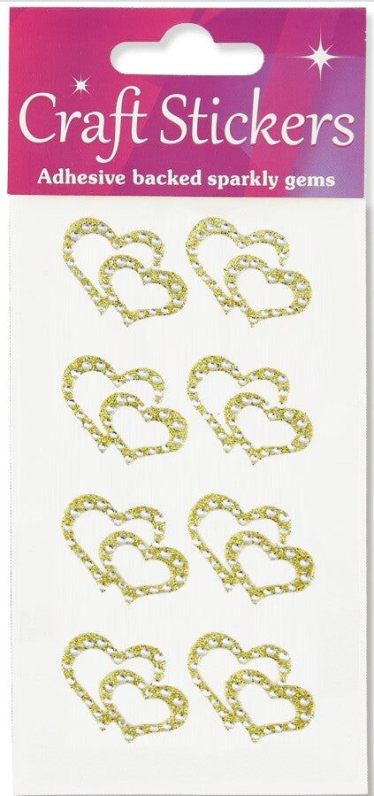 Self Adhesive Diamante Open Hearts Double Heart Stickers Gold Silver Red Blue - Gold Double Hearts Design 2