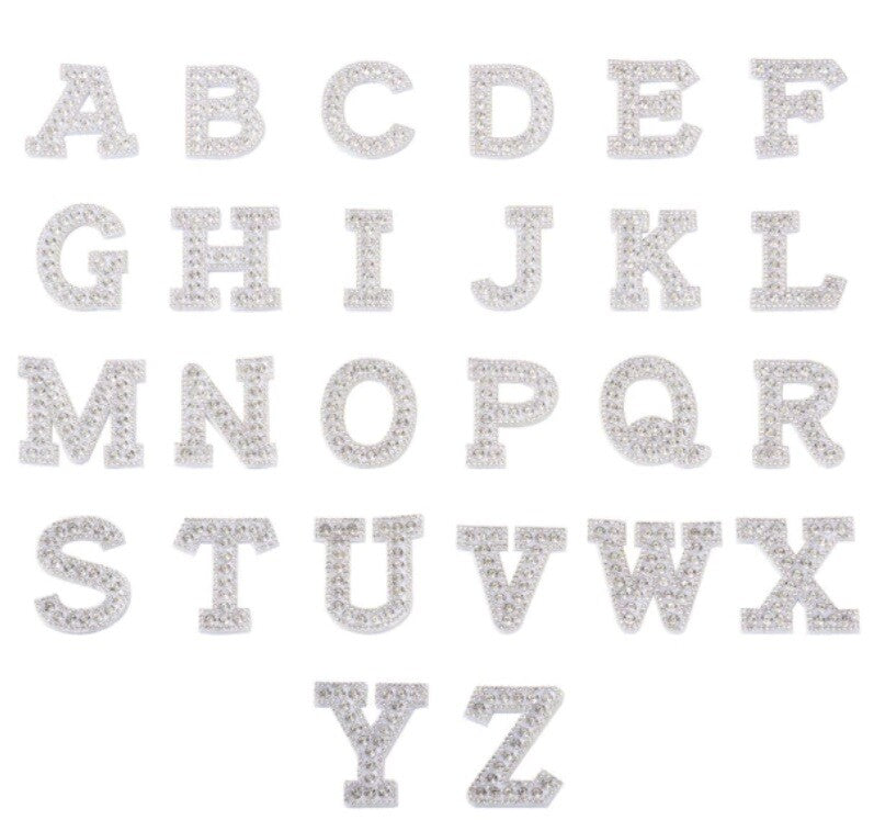 Rhinestone Letter Patch Patches Glue Sew Alphabet Embroidery Letters - White with Clear Rhinestones