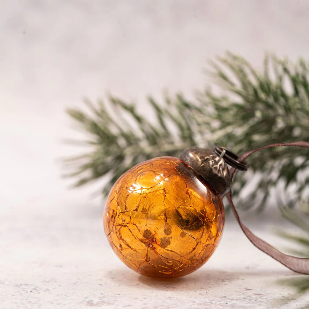 6 Pack Small Glass Handcrafted Baubles Premium Traditional Christmas Tree Craft - Set of 6 Small Honey Crackle Glass Ball Baubles
