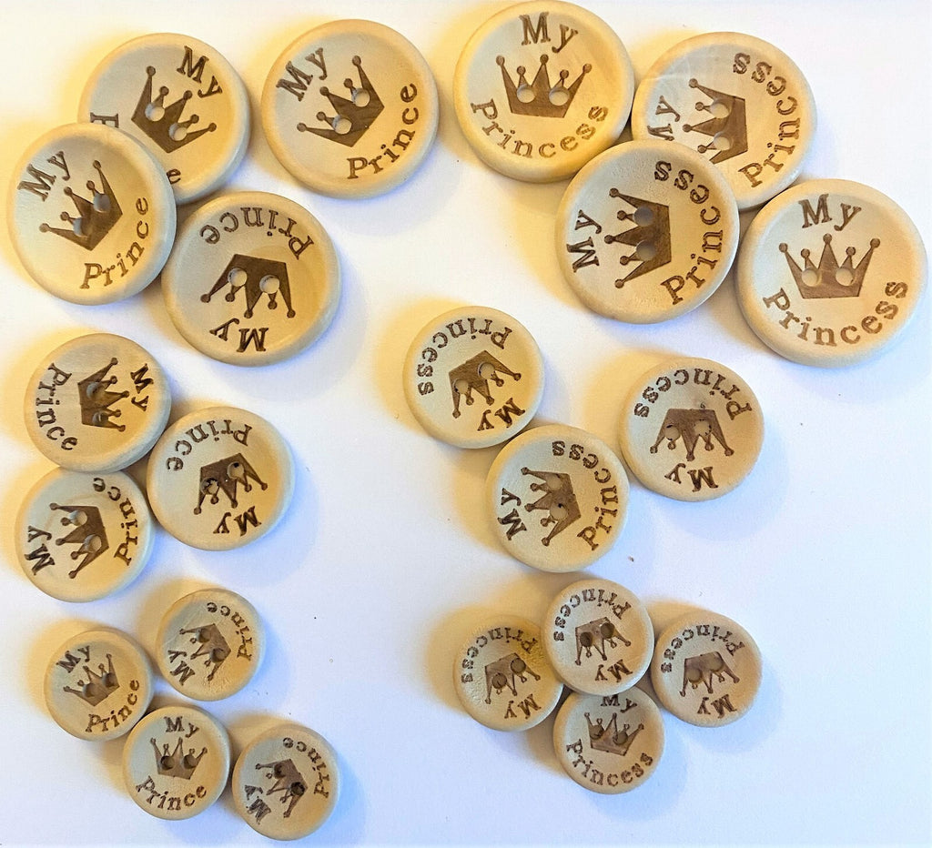 Natural Wooden My Prince Princess Buttons 2 Hole 15, 20, 25mm Baby Knitting